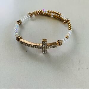 Gold Clear Bead Rhinestone Cross Bracelet OSFA